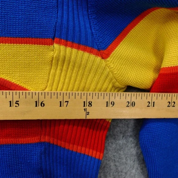 Vintage Ski Sweater Womens L Blue Yellow Red Colorblock Stripe 70s OSSI Slim Fit - Picture 4 of 12
